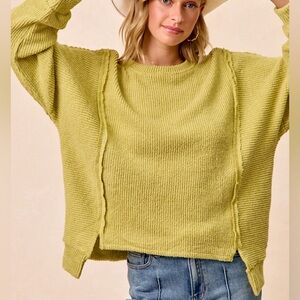 ♥️Hello Lime! BiBi Boucle Rib Knit Uneven Hem Sweater With Open Seam